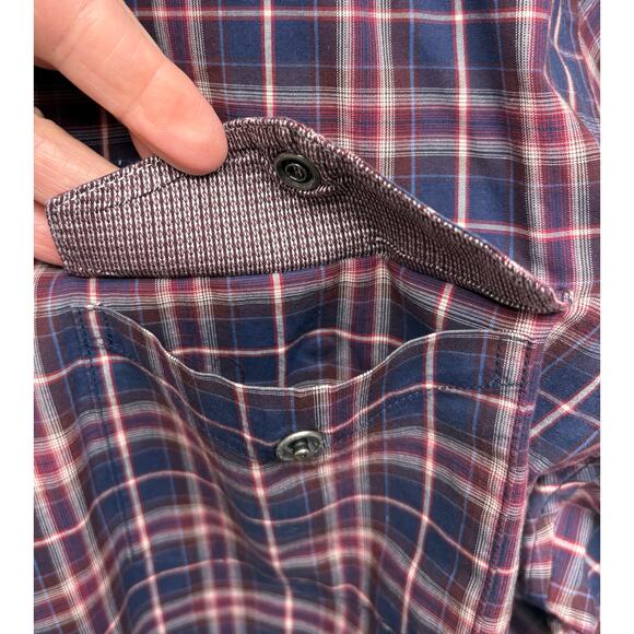Banana Republic Western Snap Button Down, Red Blue Plaid, Slim Fit Mens Size L - Picture 6 of 8